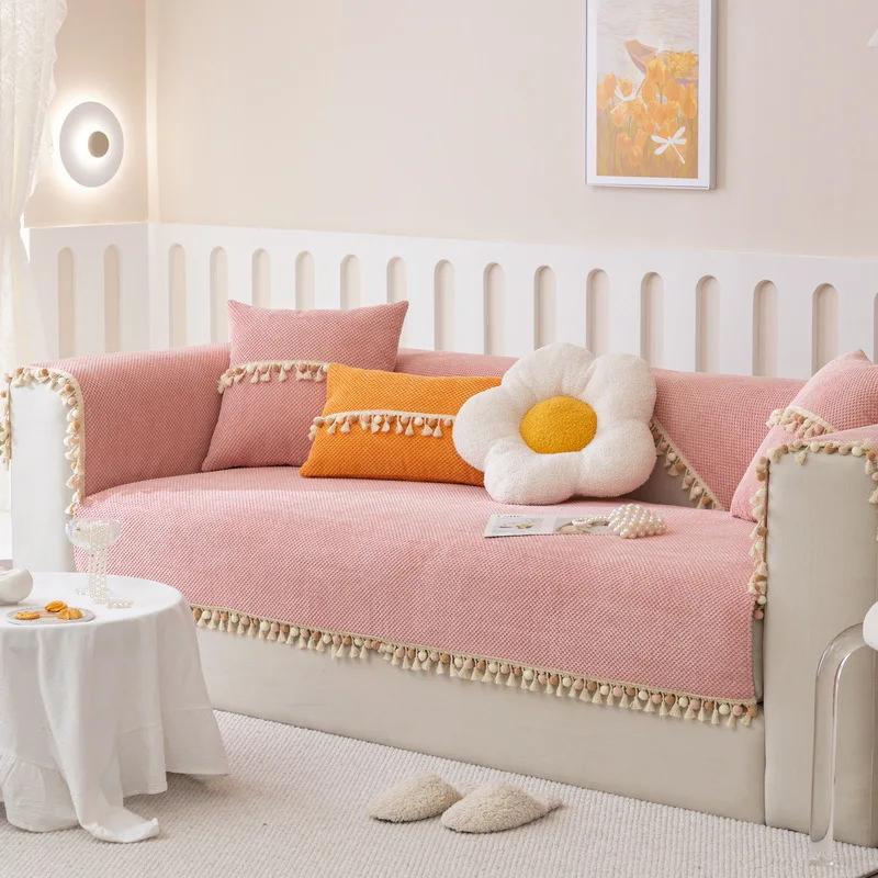 New Corduroy Braid Sofa Cushion Four Seasons Universal Tassel Ball Simplicity Non-slip Sofa Cover Cushion Solid Color Sofa Cover