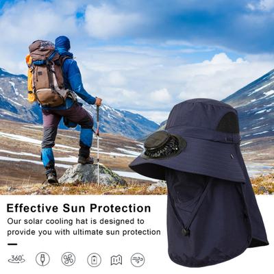 Men Solar Fan Hat with Face And Neck Cover USB Rechargeable Fan Large Brim Hollow Mesh Windproof Strap Anti-UV