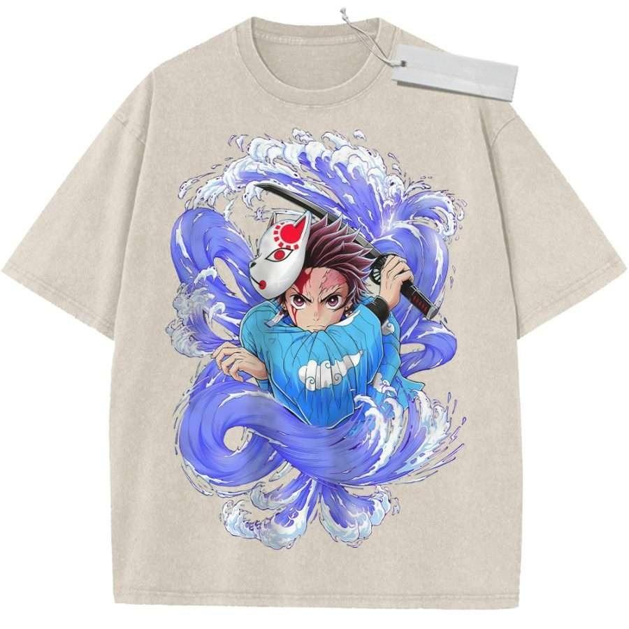 

Summer Mens Purple Washed T Shirt Demon Slayer Tanjiro Fox Mask Sword Wave High Quality Fabric for Casual Shopping M