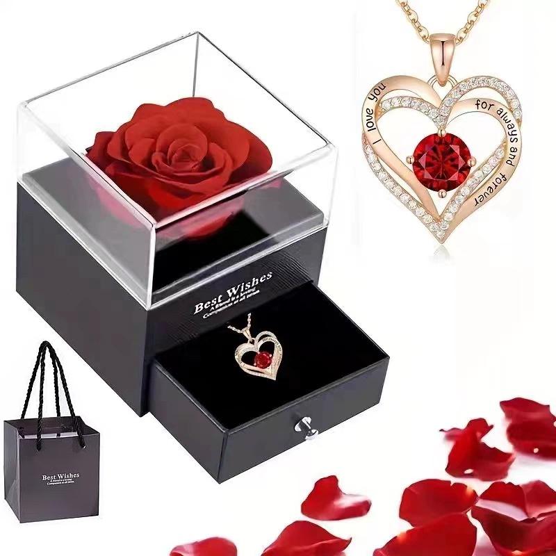 Luxuriöse Halsketten mit Anhänger aus rotem Zirkon mit Geschenkbox in Rosenform für Freundin Ich liebe dich Geschenke 2025 Trendiger Hochzeitsschmuck