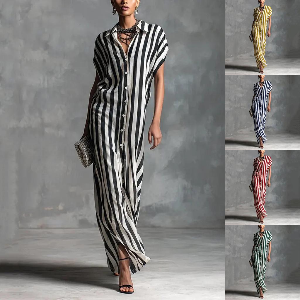 Women's Summer Casual Loose Fit V Neck Maxi Dress Button Down Front Short Sleeve Lightweight Long Dress