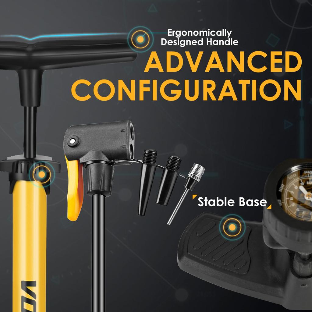 VOGORA Bicycle High Pressure Pump Compatible with American and British Can Quickly Fill Road and Cross Bikes with a Floor Pump French, Valves,