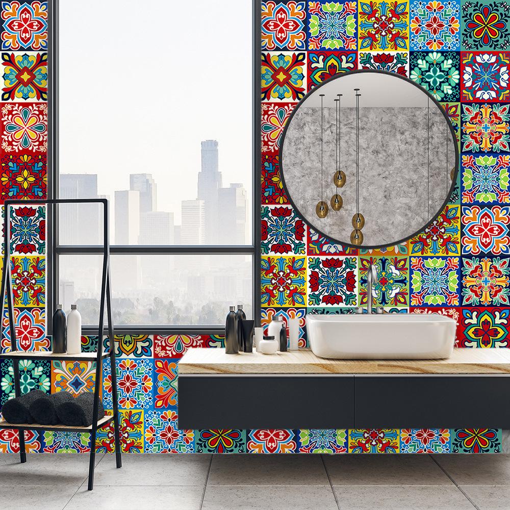 1Pc 10/15cm Colorful Flowers Pattern Retro Tiles Wall Sticker Kitchen Bathroom Tile Waist Line Wallpaper Art Mural