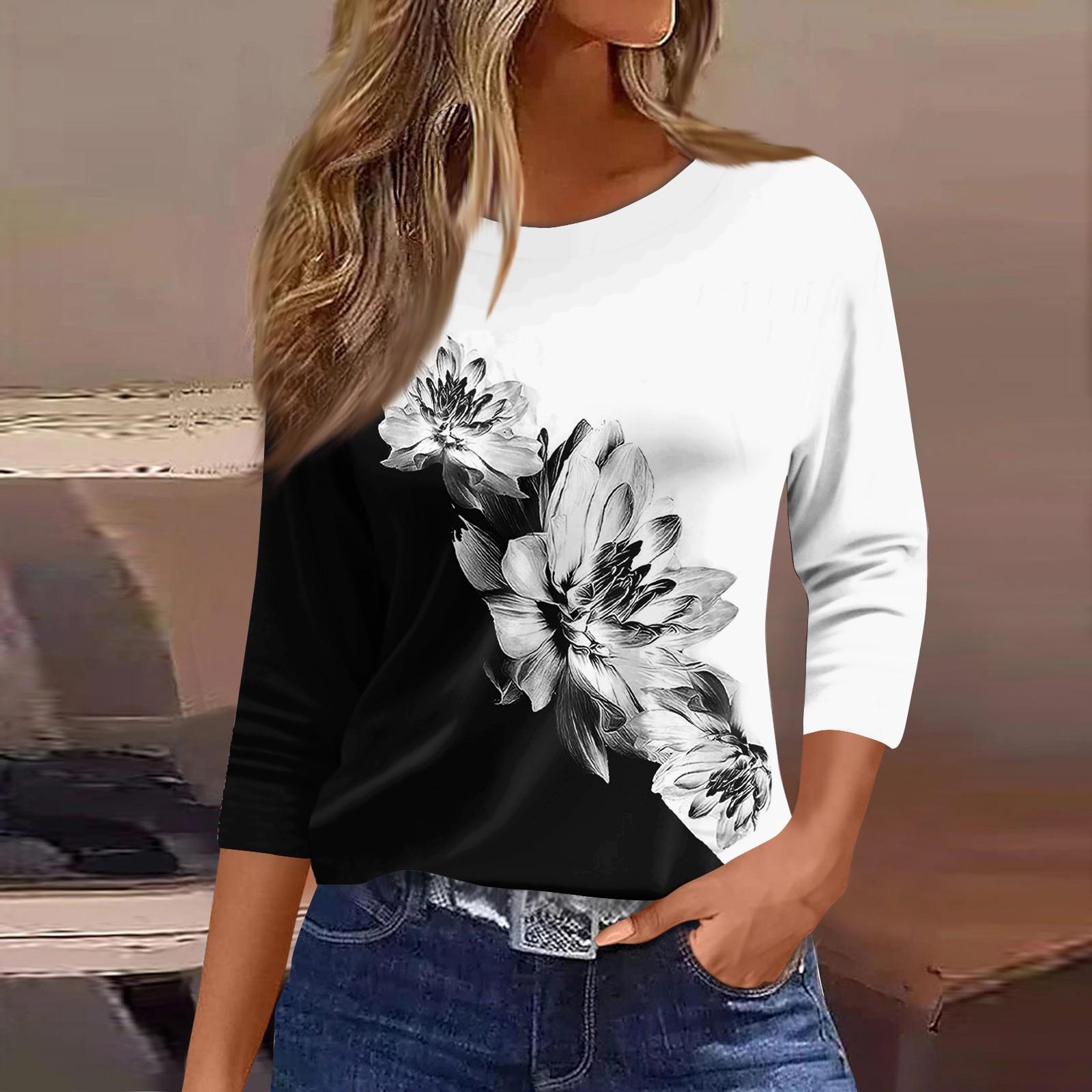 

Жіноча модна повсякденна вільна футболка з принтом і круглим вирізом з рукавом 3/4 XL чорний