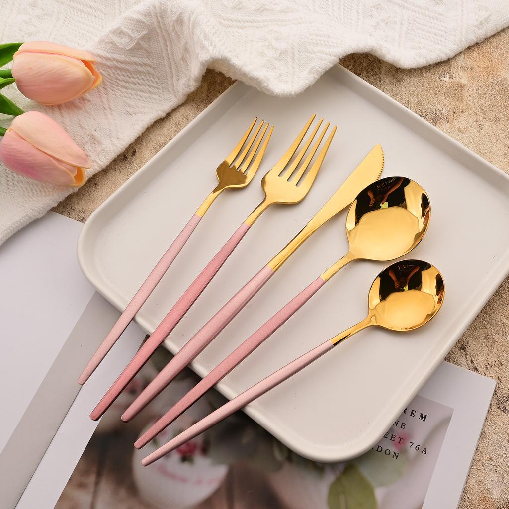 Set di posate con manico rosa da 30 pezzi, Servizio di posate in acciaio inossidabile per 6 persone, Coltelli, forchette, cucchiai moderni, Lucidatura a specchio