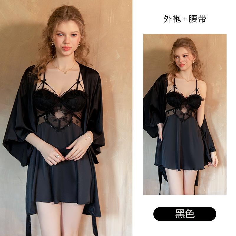 Women's Satin Lace Sheer Mesh Padded Backless Cami Sleep Dress with Robe Lounge Set