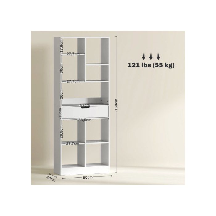 Bibliothèque - MUVOE - 9 Étagères - 1 Tiroir - 60 X 26 X 158 Cm - Blanc