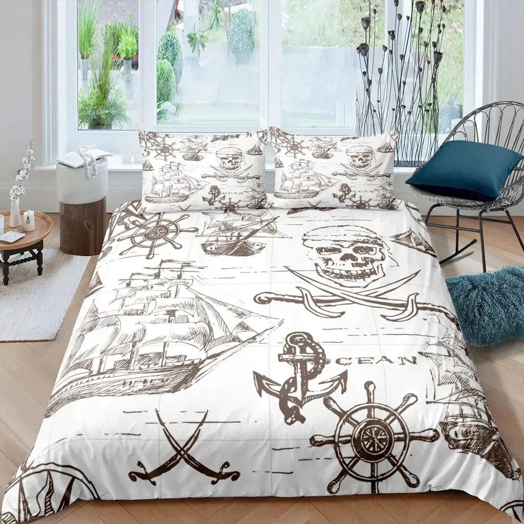 Pirates Skull Duvet Cover Sets For Boys Kids Men Teen Queen Lightweight Bedding Sets Nautical Bedding Set Bedroom Decor No Quilt