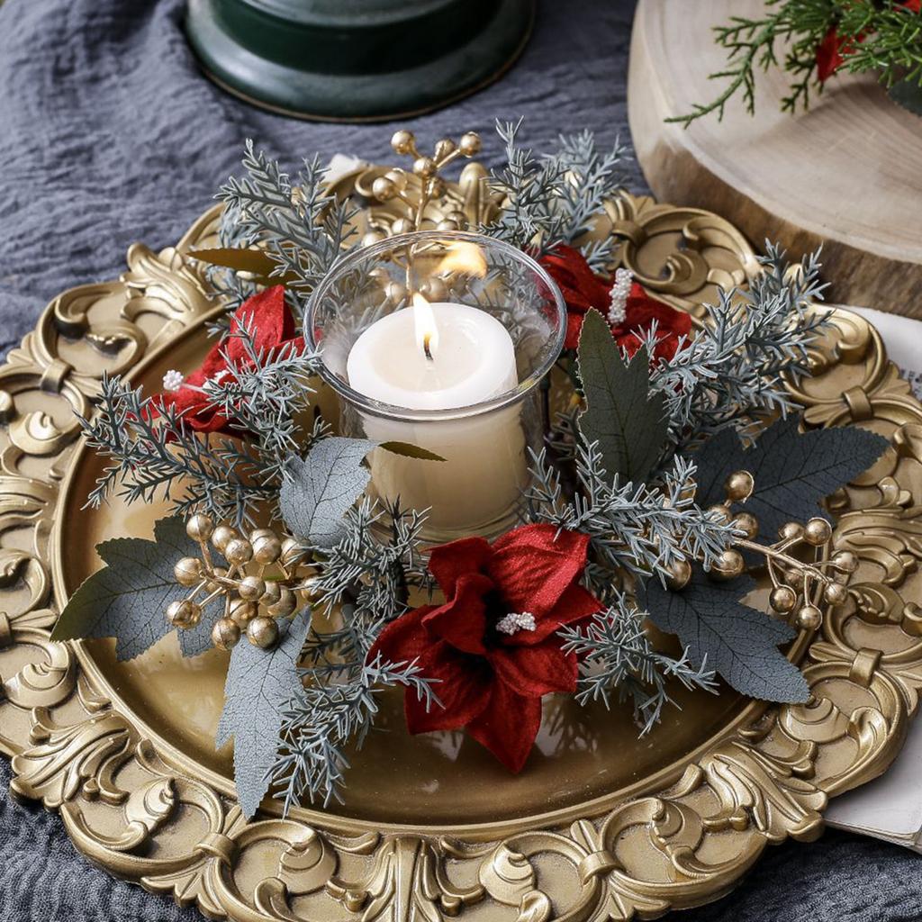 Christmas Candle Wreath Artificial Floral Greenery 25cm Garland Table Centerpiece for Holiday Xmas Desktop Decoration