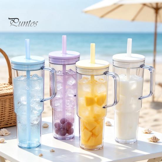 Clear Plastic Water Bottle with Straw And Lid, 40oz Large Capacity Tumbler BPA-free Drinking Cup Handle, Leak Proof Sports for School Travel Reusable