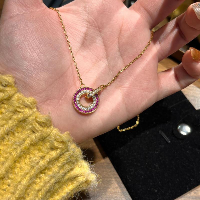 Red Corundum Round Cake Necklace Design Sense Colored Diamond Ring Sweater Chain Push-Pull Adjustable Live Broadcast Supply