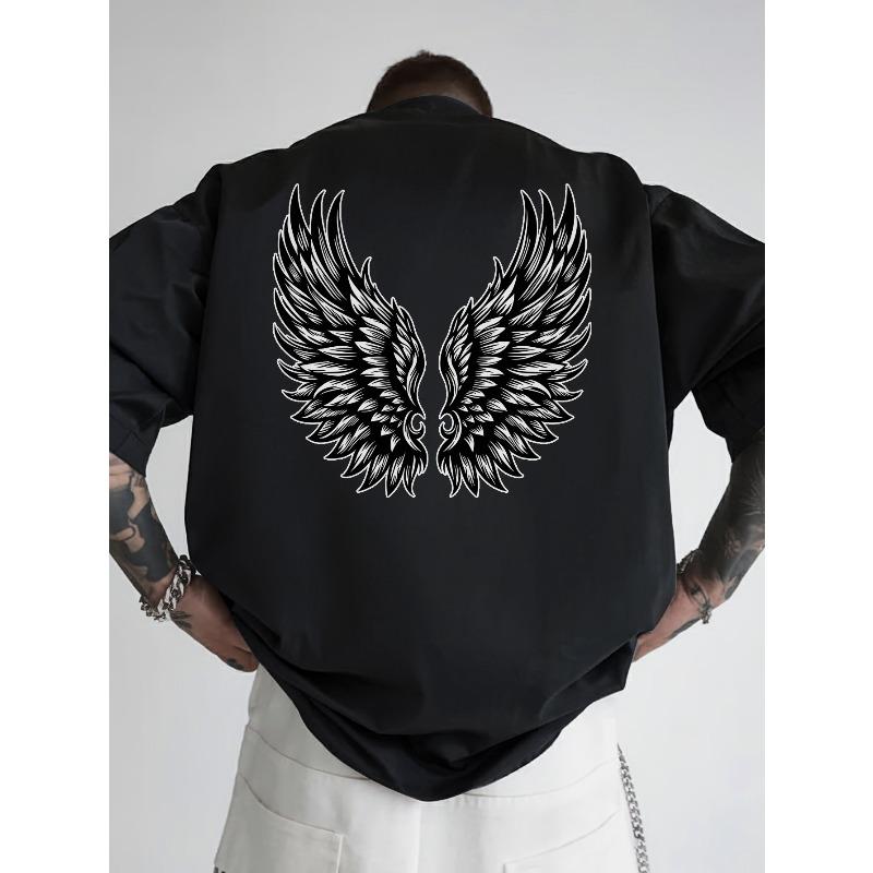 European Size Men's Black Short Sleeve T-Shirt with Wing & Feather Back Print - Soft 100% Cotton Loose Fit Casual Tee for Gym, Sports & Casual Attire