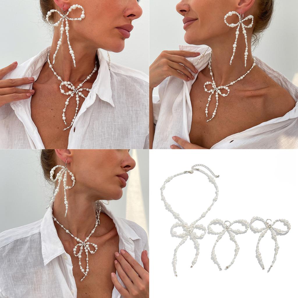 Elegantes Perlen-Schleifen-Halsketten- und Ohrring-Set für Damen Stilvoller Schmuck für den Alltag Besondere Anlässe