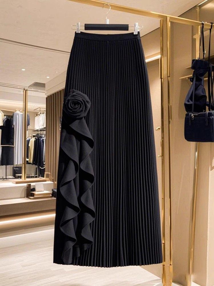 Black French Ruffle High-Waist Midi Skirt