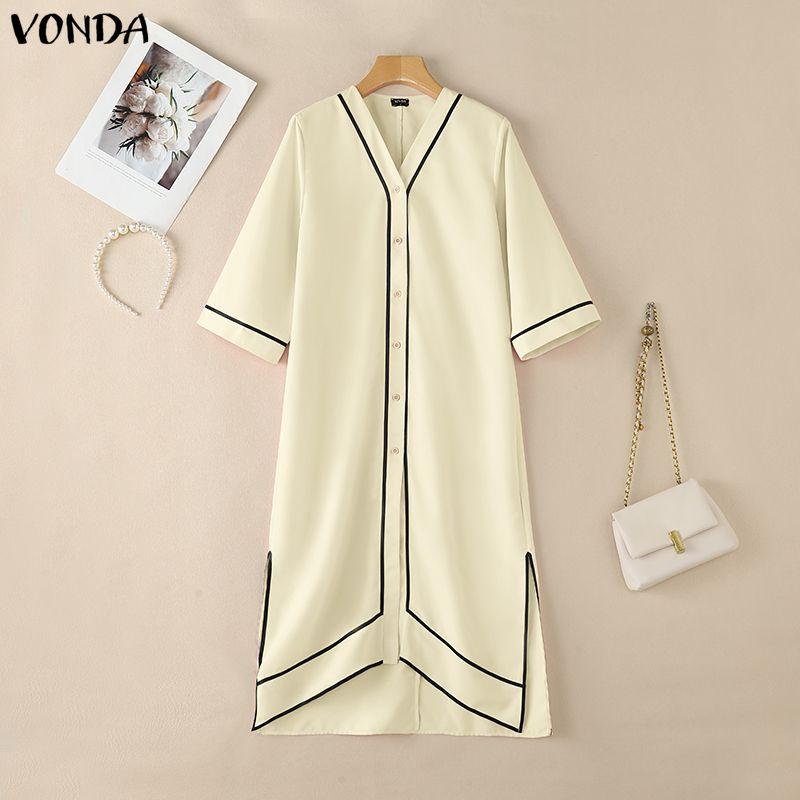 VONDA Summer Women Casual V Collar Short Sleeve Stitching Loose Long Tunic Blouse M абрикосовый