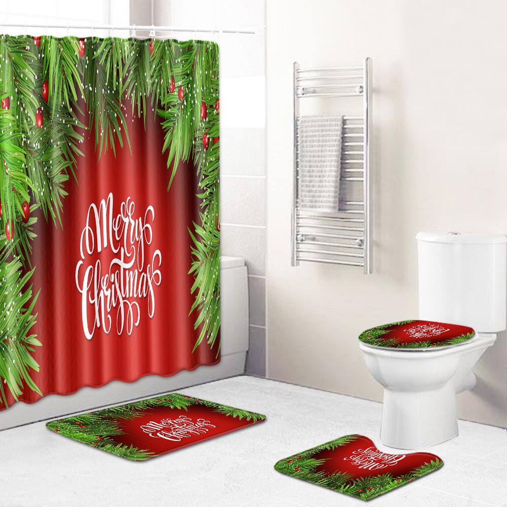 Christmas Shower Curtain Floor Mat Combination Four-Piece Set Bathroom Toilet Carpet Shower Room Mat Foot Mat