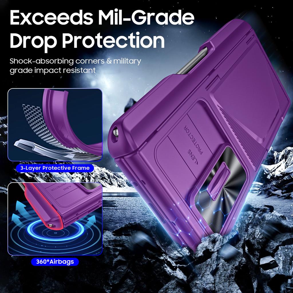 For Samsung Galaxy Z Fold 6,Back Card Pack,Integrated Pen Slot,Full Coverage 9H Protective Film,Shockproof Phone Case-Purple
