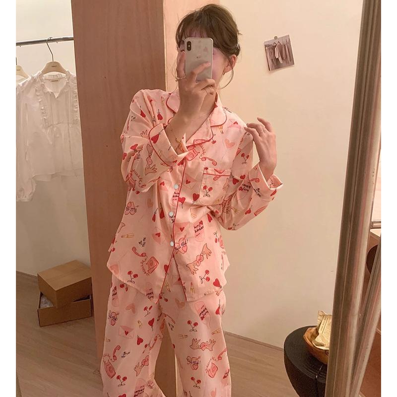 Long-Sleeved Trousers Two-Piece Set Of Imitation Silk Casual Cool Cartoon Printing Can Be Worn Outside Comfortable Pajamas Women