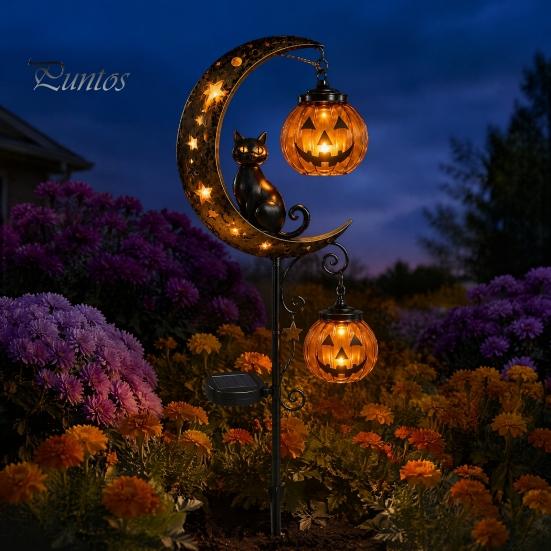 Waterproof Solar Stakes for Flower Beds Halloween Garden Stake Light, Black Cat Pumpkin on Crescent Moon with Weather Resistant Fall Ornaments Hanging