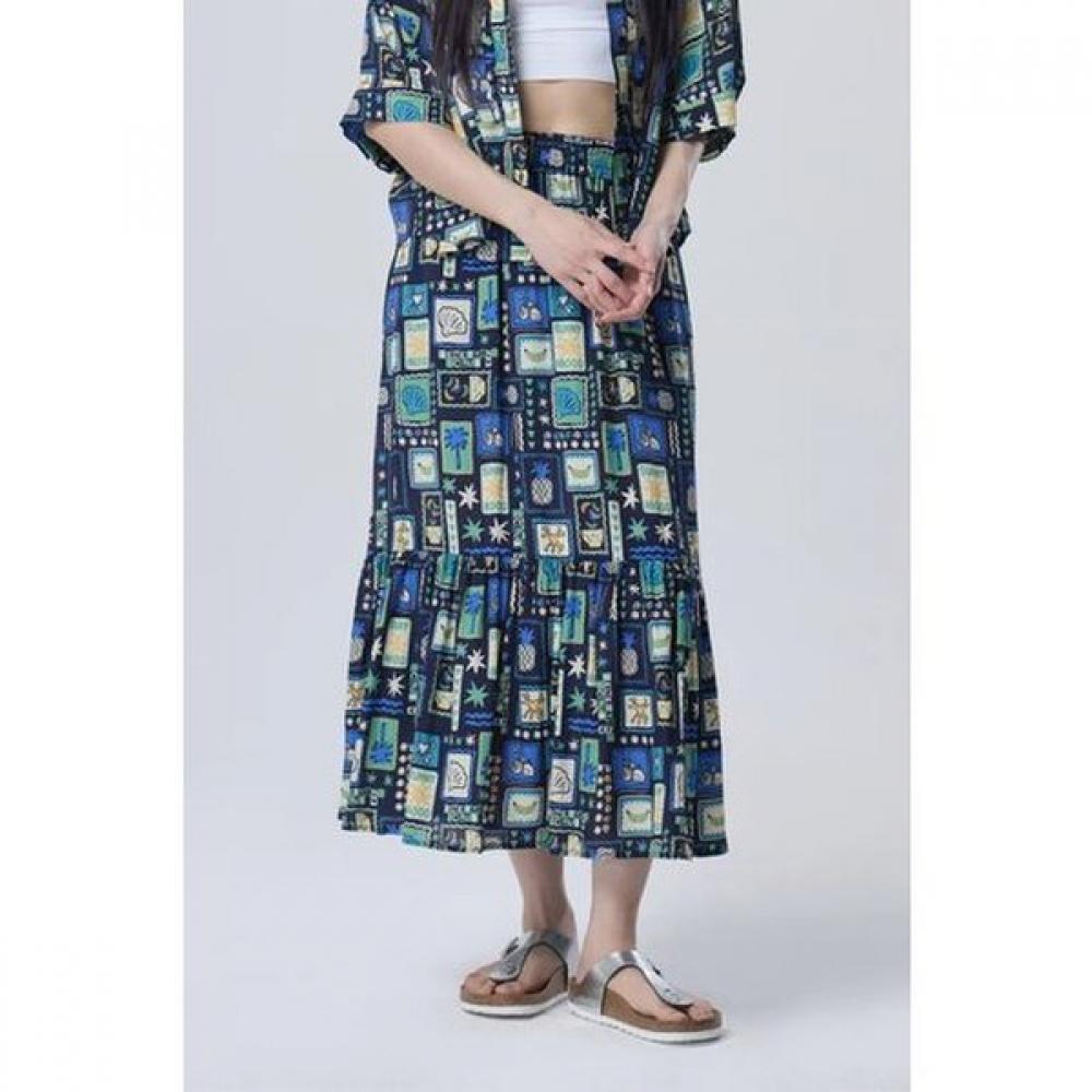Benetton Printing Banding Shirring Skirt Bask60631 NY (navy)/42