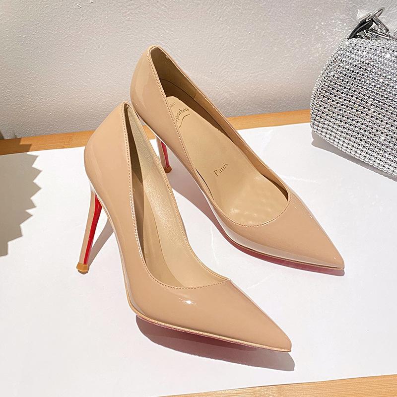 Nude Waterproof Table High Heels Women's Stiletto 2026 New Versatile Temperament Pointed Single Shoes Sexy Patent Leather Red Soles