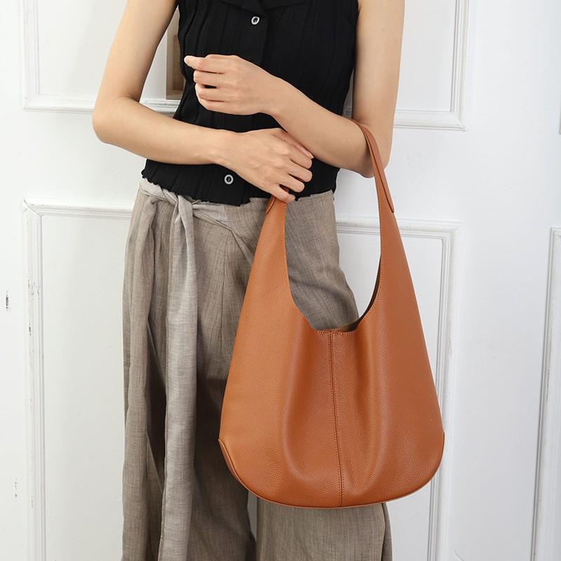 Genuine Leather Hobo Shoulder Bag Women Soft Water Bucket Tote Large Capacity Casual Style Magnetic