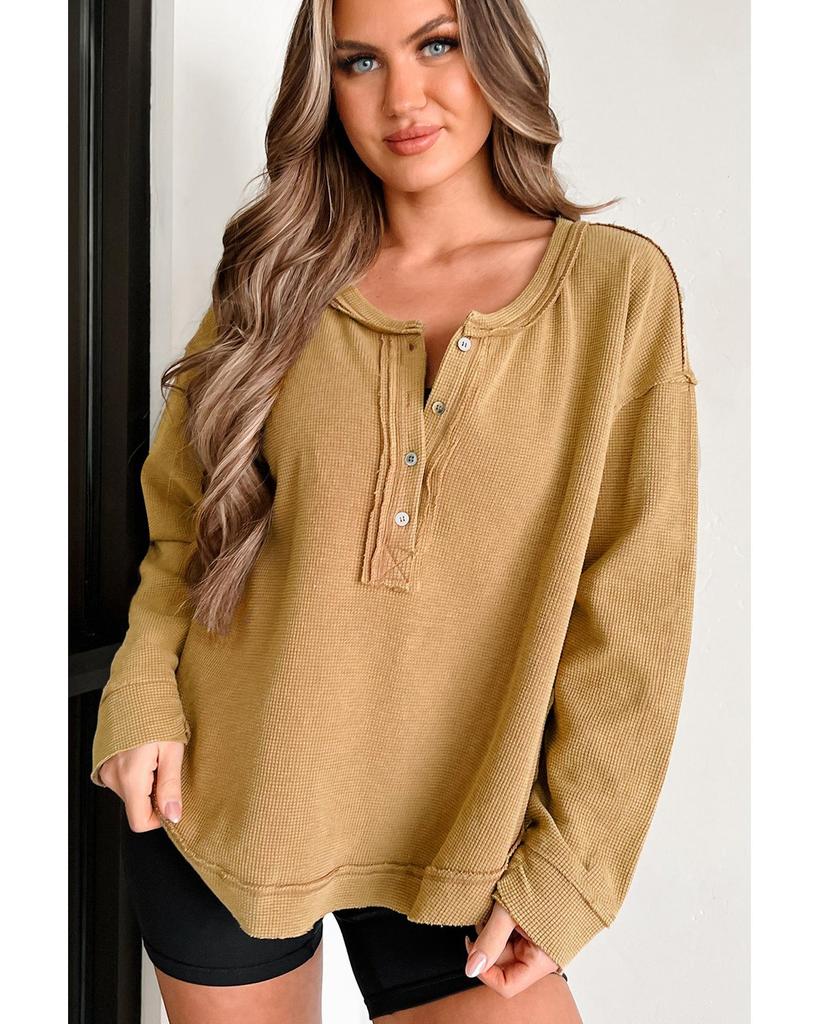Azura Exchange Camel Textured Knit Half Button Drop Shoulder Oversized Top