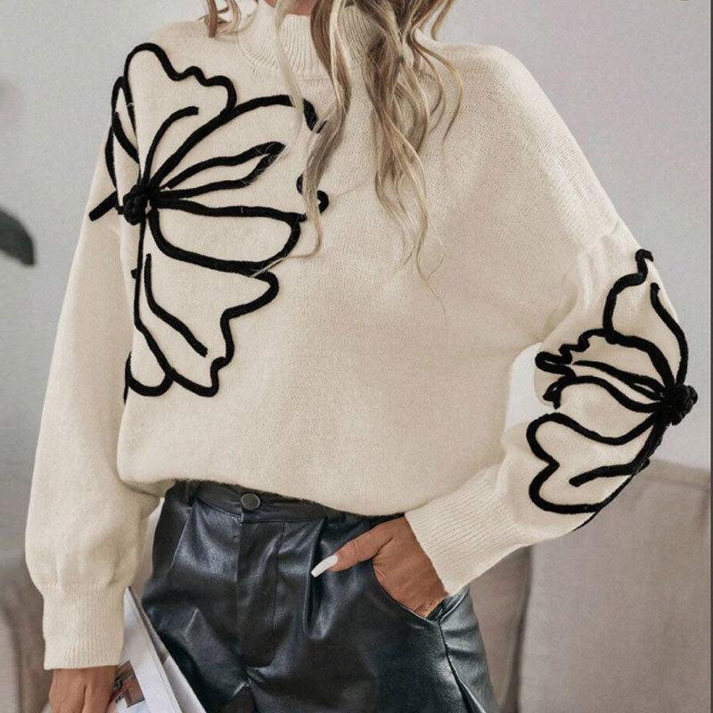 Damen Pullover mit Rollkragen, langen Ärmeln, Strick, lockerer Passform, mit Blumenstickerei