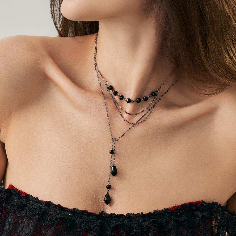 Dark Gothic Imitation Crystal Blood Drop Pendant Tassel Chain Multi-layer Choker Necklace for Women Hallowmas Party Jewelry Gift