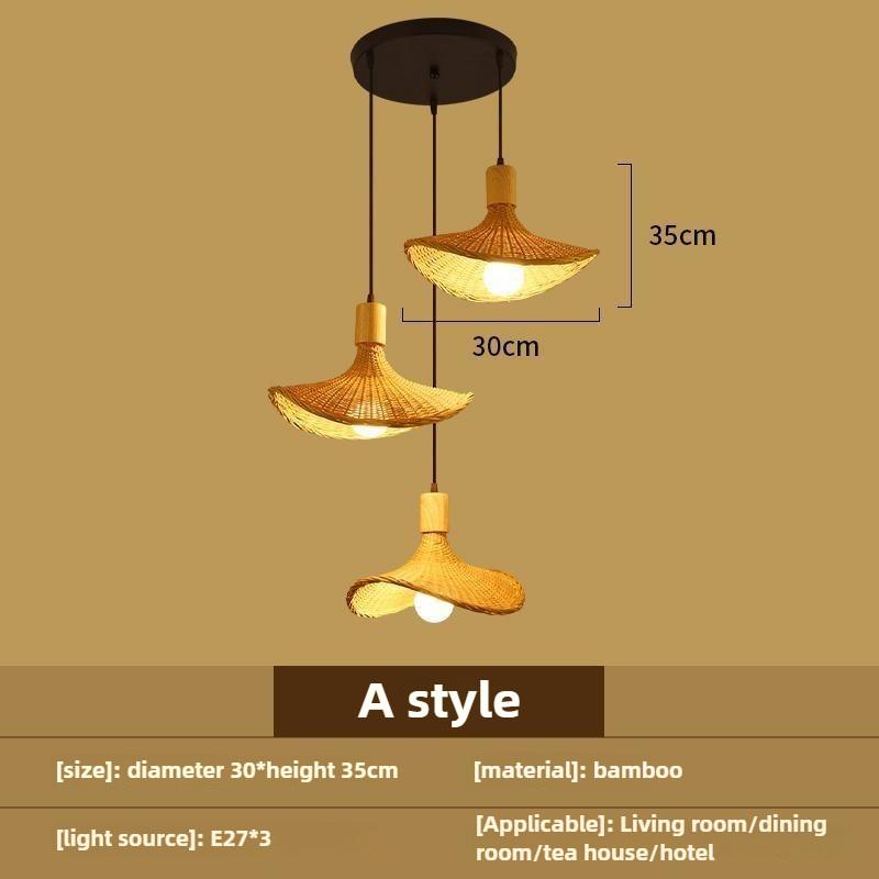 Bedroom Living Room Lantern Chandelier Stairs Retro Rattan Three-Head Hanging Light Bamboo Weaving Combination Creative Lamp