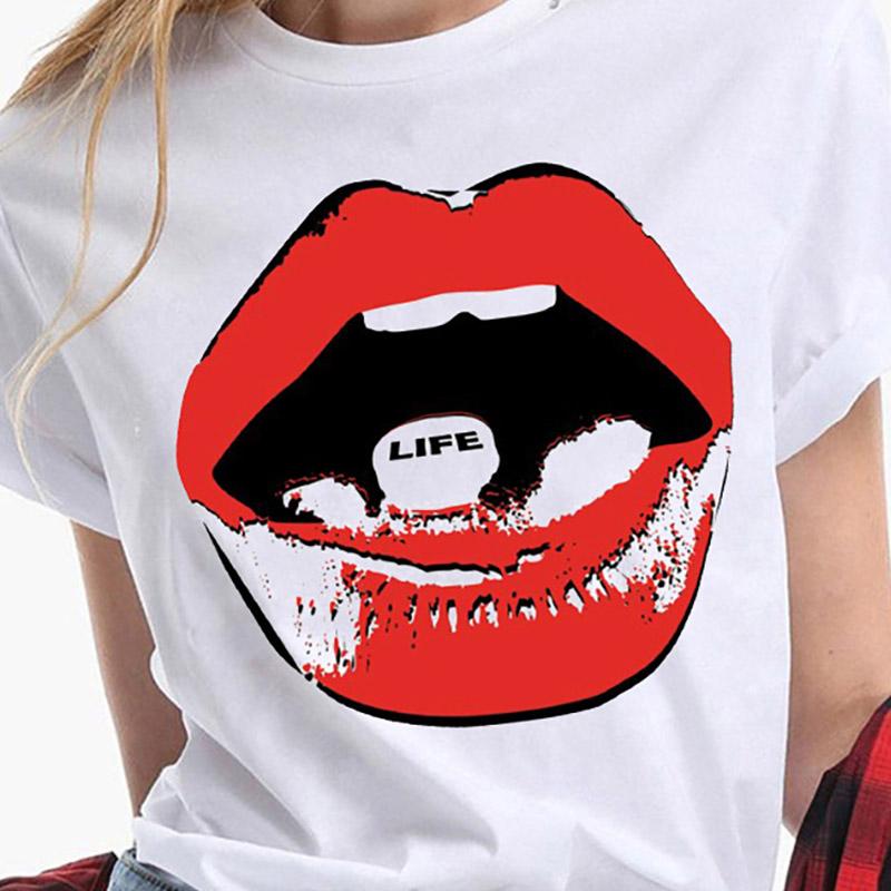 Červené rty s potiskem Trička pro ženy Módní klub Sexy Tričko na rty Polibkové rty Legrační léto Tričko s krátkým rukávem Dámské tričko