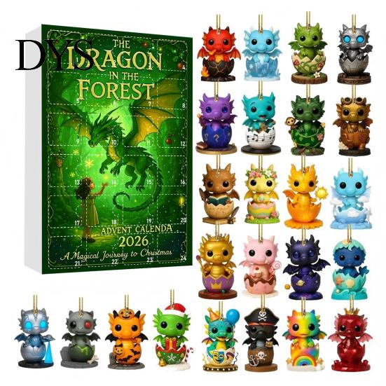 Childrens Holiday Countdown Gift Forest Dragon Advent Calendar, 24 Day Box with Collection Toys Acrylic Ornaments, Festive Tree Hanging Decor,