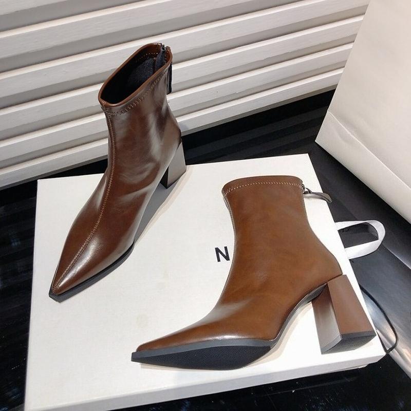 Mode Herbst Winter Damen Stiefeletten Elegant Dicke Absätze Spitzschuhe Modern Kurz Botas Para Mujer