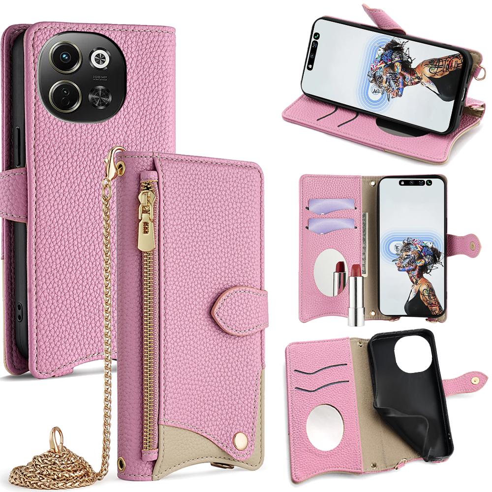 

Wallet Case for TECNO Pova 6 Neo 5G/Spark 30 5G Fishtail Design Leather Phone Cover with Mirror/Stand/Strap Pink