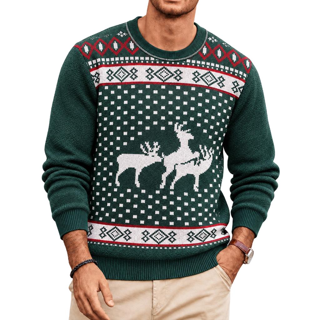 Christmas Floral Print Men's Crewneck Sweater, Casual Holiday Pullover