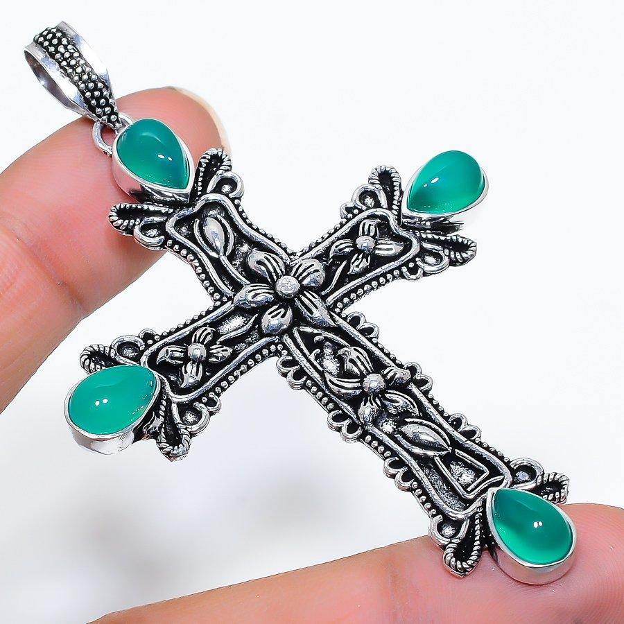 

Cross Green Onyx Gemstone Handmade Ethnic Jewelry Pendant 2.96 VR-3625
