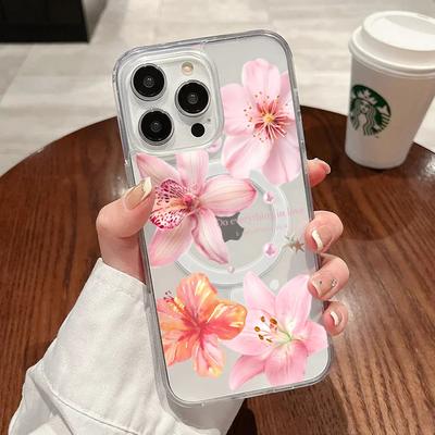 Floral Pink Hibiscus Flower Phone Case For iPhone 17 Pro 16 11 15 14 12 13 Pro Max For Magsafe Shockproof Transparent Soft Funda