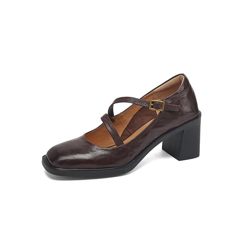 

Весенние туфли Мэри Джейн на толстом каблуке с квадратным носком, с двойным ремешком, бесшумные, на резиновой подошве, кожаные, с мелким вырезом, одинарные 34