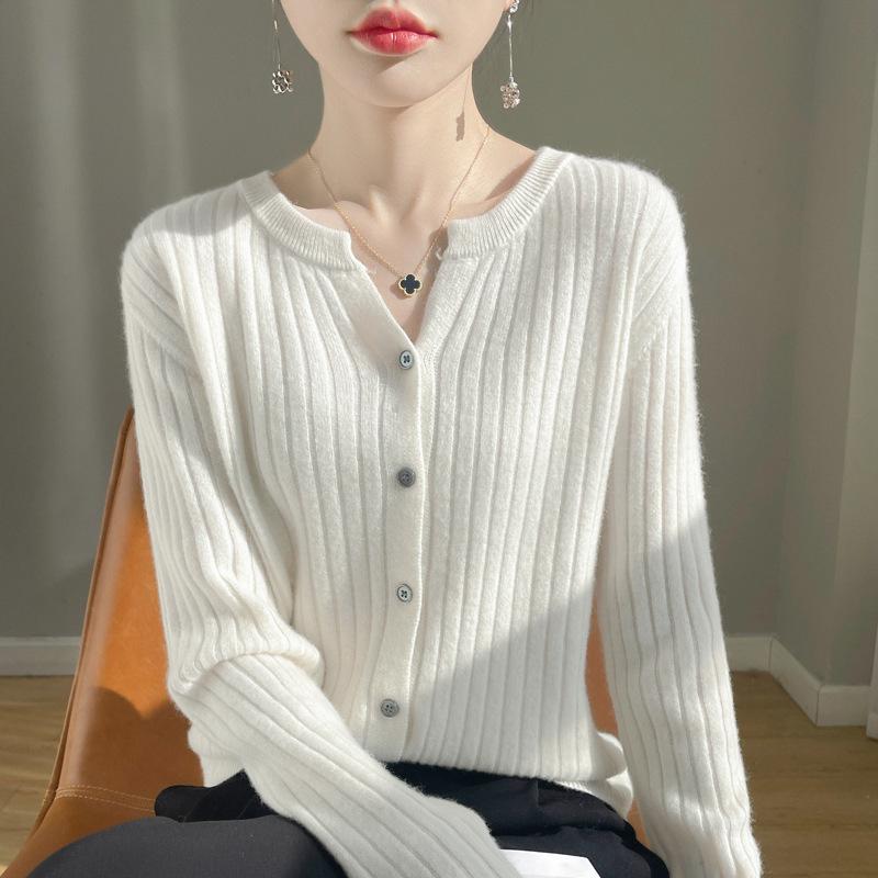 Pletené zboží Jarní a podzimní dámský svetr s kulatým výstřihem Slim Krátká stahovací šňůrka Jednobarevná pletená bunda Cardigan