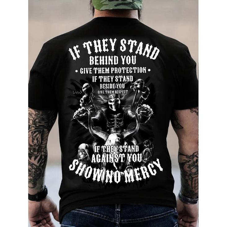 Aggressive Warrior Graphic T-Shirt with Bold Text - If They Stand Behind You, Give Them Protection - Unique Design for Strength and Loyalty - S чёрный