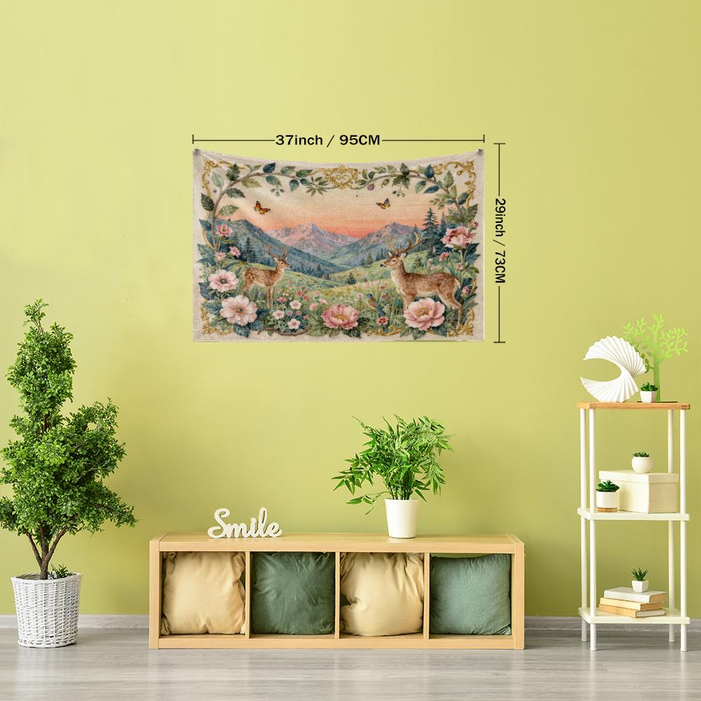 1pc Pastoral Style Floral Deer Landscape Natural Fresh Style Printed Tapestry Wall Hanging, Easy Artistic Bohemian Style Living Room Bedroom Home Deco