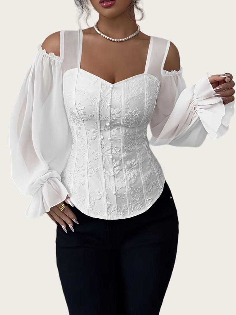 Women's Elegant Off-the-Shoulder Floral Jacquard Shirt - Square Neck, Long Sleeve, Slim Fit