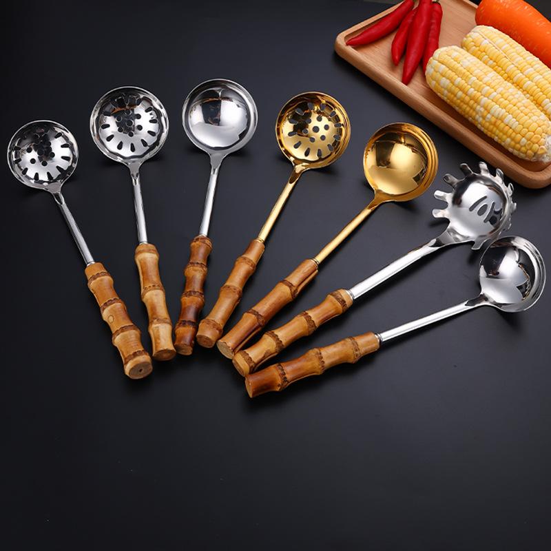 Stainless Steel Soup Spoon Colander with Wooden Handle Anti-scalding Hot Pot Scoops Serving Tablespoons Kitchen Utensils