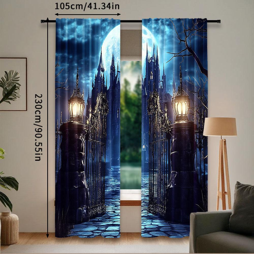 2Pcs Curtain Scary Castle Full Moon Night Spooky Gothic Horror Haunted Mansion Mysterious Magic Cool Suitable For Living Room