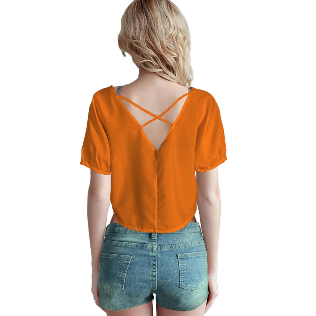 GMXIA Spring Summer Women's Solid-color Pullover V-back Casual Women's Top
