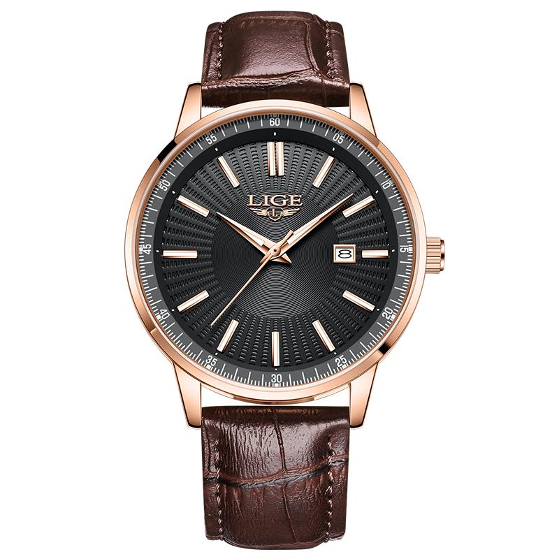 LIGE Men Business Quartz Watch Leather Strap Calendar Waterproof Minimalist Wristwatch