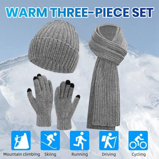 3 szt./zestaw Zimowa czapka szalik rękawiczki zestaw Unisex Dzianinowy Gruby Ciepły Elastyczny Ekran dotykowy o wysokiej czułości Jednolity kolor