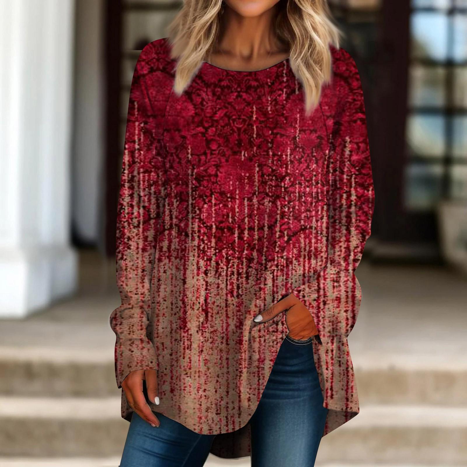 

Женская повседневная футболка больших размеров с длинными рукавами и круглым вырезом в стиле ретро с принтом, верхний пуловер XL винный