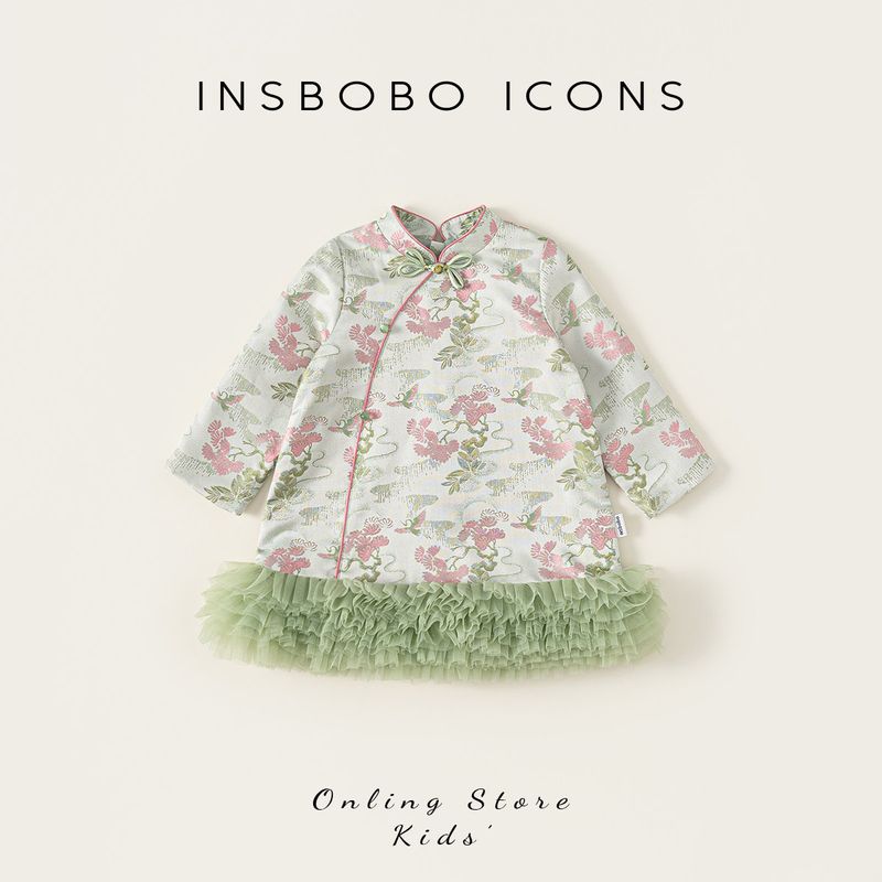 Insbobo Girls Cheongsam Spring New Chinese-Style Dress 2026 New Children s Hanfu National Style Spring Outfit Green 90
