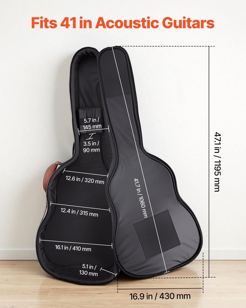 Acoustic Guitar Hard Case, 1195 MM, Hard-Shell Protective Travel Carrying Case with Accessory Compartment, Foam Padding, Portable Handle, Shoulder